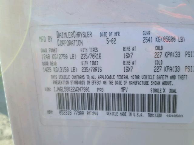 1J4GL58K22W347901 - 2002 JEEP LIBERTY LI WHITE photo 10