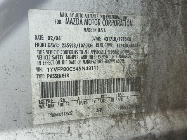 1YVFP80C545N48111 - 2004 MAZDA 6 I SILVER photo 10