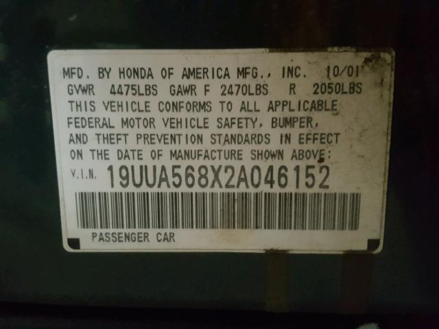 19UUA568X2A046152 - 2002 ACURA 3.2TL TYPE TEAL photo 10