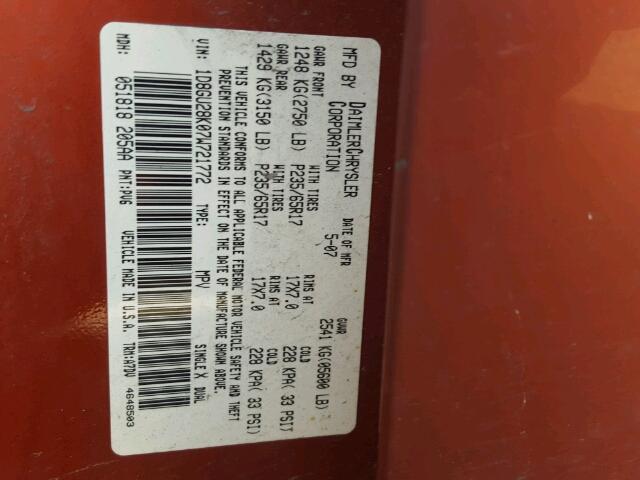 1D8GU28K07W721772 - 2007 DODGE NITRO SXT ORANGE photo 10