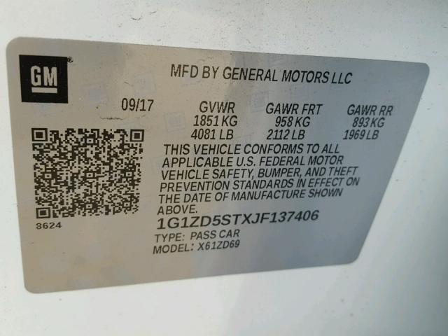 1G1ZD5STXJF137406 - 2018 CHEVROLET MALIBU LT WHITE photo 10