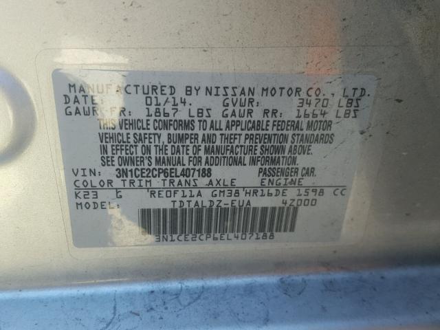 3N1CE2CP6EL407188 - 2014 NISSAN VERSA NOTE GRAY photo 10