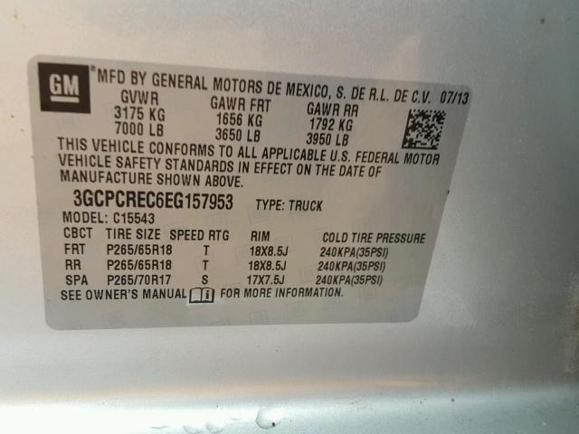 3GCPCREC6EG157953 - 2014 CHEVROLET SILVERADO SILVER photo 10