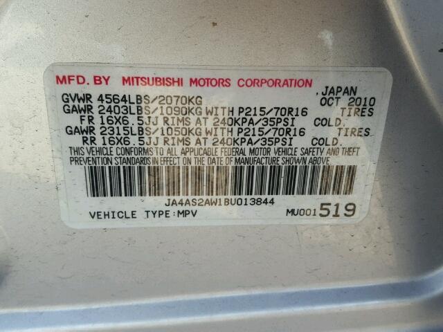 JA4AS2AW1BU013844 - 2011 MITSUBISHI OUTLANDER SILVER photo 10