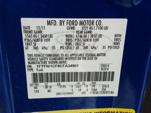 1FTFW1CF8CFA34901 - 2012 FORD F150 SUPER BLUE photo 10