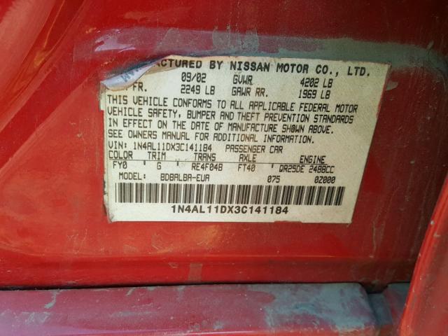 1N4AL11DX3C141184 - 2003 NISSAN ALTIMA BAS RED photo 10