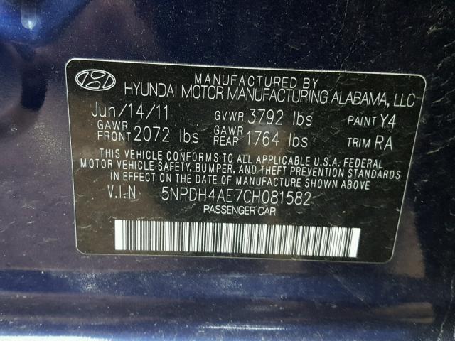 5NPDH4AE7CH081582 - 2012 HYUNDAI ELANTRA GL BLUE photo 10