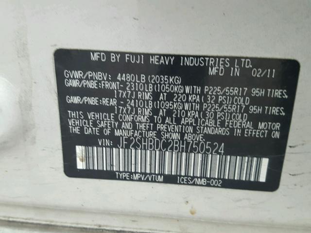 JF2SHBDC2BH750524 - 2011 SUBARU FORESTER 2 WHITE photo 10