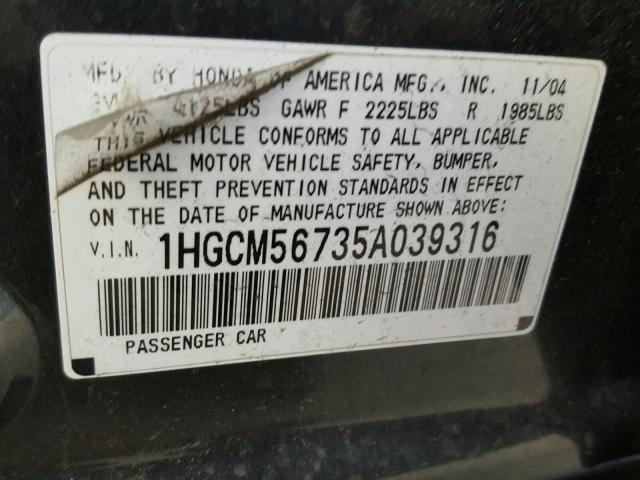 1HGCM56735A039316 - 2005 HONDA ACCORD EX BLACK photo 10