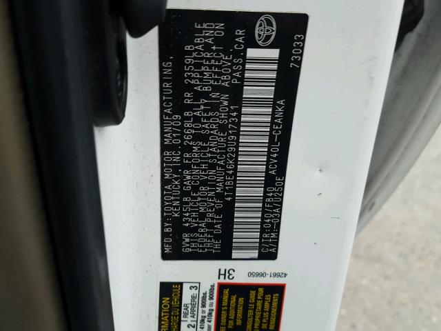 4T1BE46K29U917341 - 2009 TOYOTA CAMRY BASE WHITE photo 10