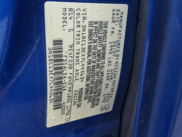 3N1BC13EX7L445634 - 2007 NISSAN VERSA S BLUE photo 10