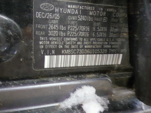 KM8SC73D36U105328 - 2005 HYUNDAI SANTA FE BLACK photo 10