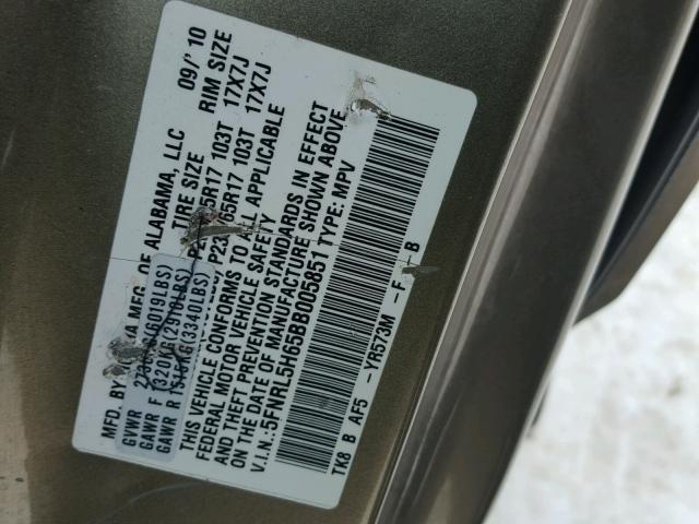 5FNRL5H65BB005851 - 2011 HONDA ODYSSEY EX GOLD photo 10