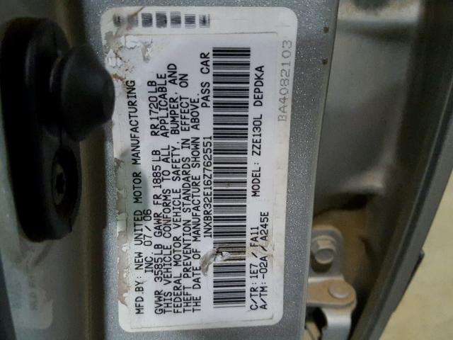 1NXBR32E16Z762551 - 2006 TOYOTA COROLLA CE SILVER photo 10