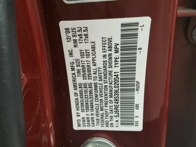 5J6RE48539L020541 - 2009 HONDA CR-V EX BURGUNDY photo 10