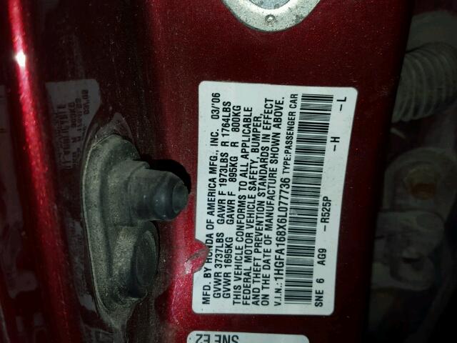 1HGFA168X6L077736 - 2006 HONDA CIVIC EX ბურგუნდია ფოტო 10