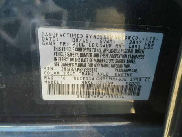 3N1AB7AP6FY333176 - 2015 NISSAN SENTRA S CHARCOAL photo 10