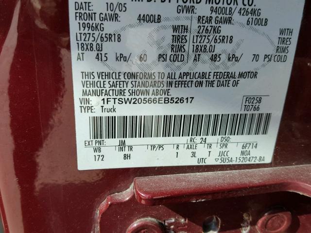 1FTSW20566EB52617 - 2006 FORD F250 SUPER BURGUNDY photo 10