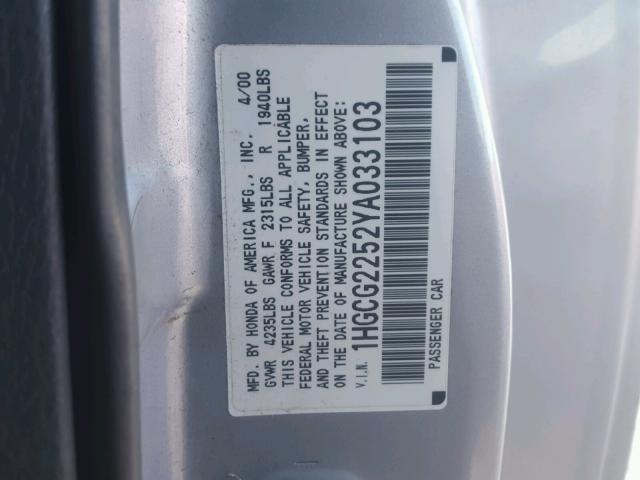 1HGCG2252YA033103 - 2000 HONDA ACCORD EX SILVER photo 10