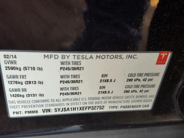 5YJSA1H1XEFP32752 - 2014 TESLA MODEL S BLUE photo 10