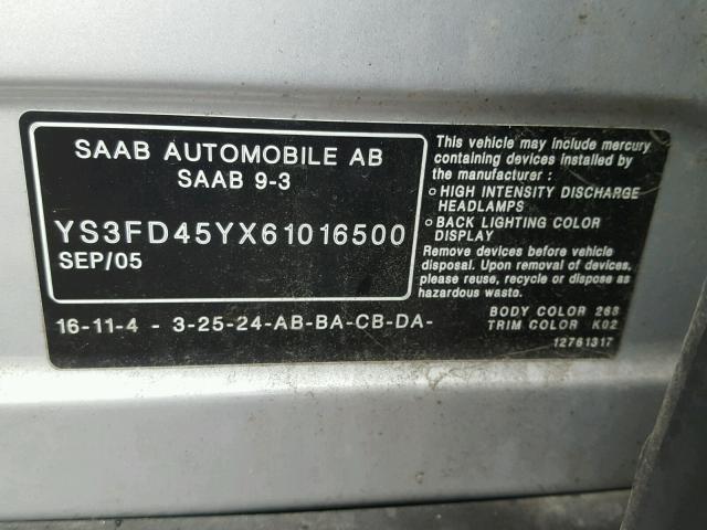 YS3FD45YX61016500 - 2006 SAAB 9-3 BASE SILVER photo 10