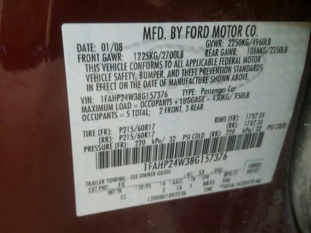 1FAHP24W38G157376 - 2008 FORD TAURUS SEL MAROON photo 10