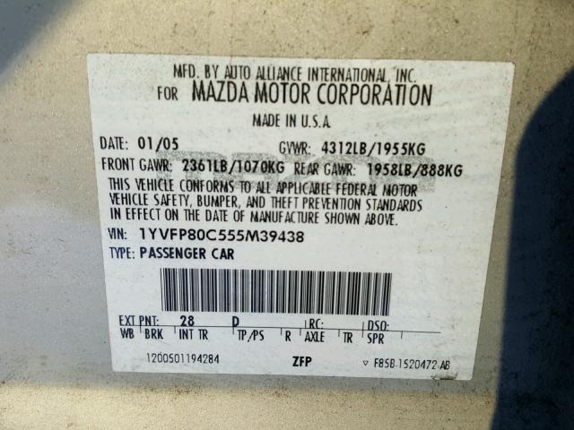 1YVFP80C555M39438 - 2005 MAZDA 6 I TAN photo 10