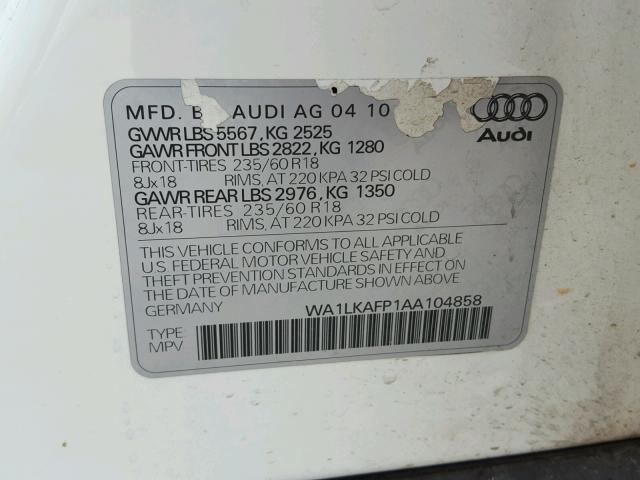 WA1LKAFP1AA104858 - 2010 AUDI Q5 PREMIUM WHITE photo 10