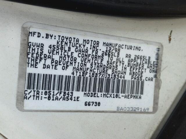 4T1BF18B7XU318344 - 1999 TOYOTA AVALON XL WHITE photo 10