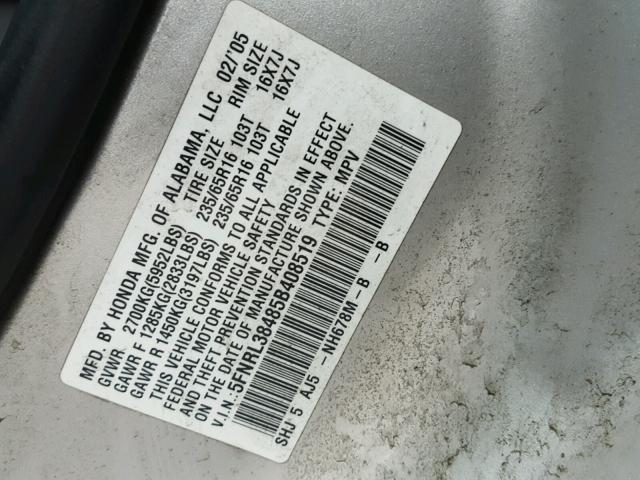 5FNRL38485B408519 - 2005 HONDA ODYSSEY EX SILVER photo 10