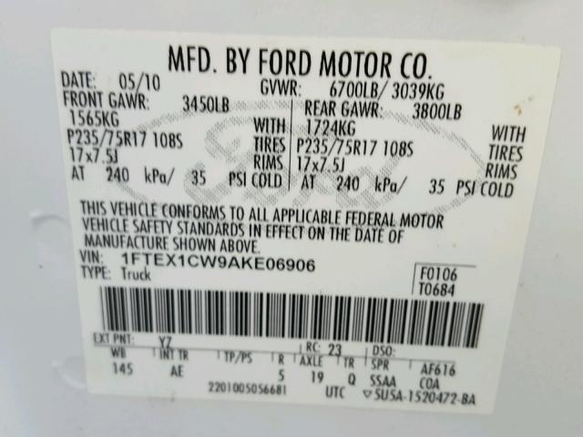 1FTEX1CW9AKE06906 - 2010 FORD F150 SUPER WHITE photo 10