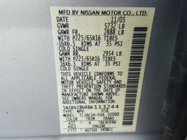 5N1BV28U46N113244 - 2006 NISSAN QUEST S SILVER photo 10