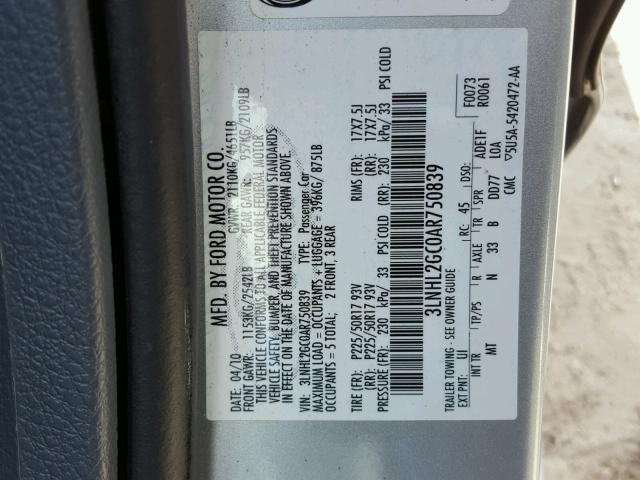 3LNHL2GC0AR750839 - 2010 LINCOLN MKZ GRAY photo 10