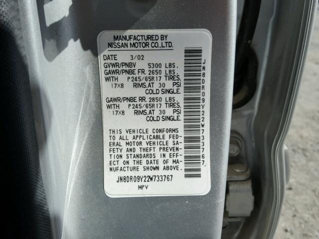 JN8DR09Y22W733767 - 2002 NISSAN PATHFINDER SILVER photo 10