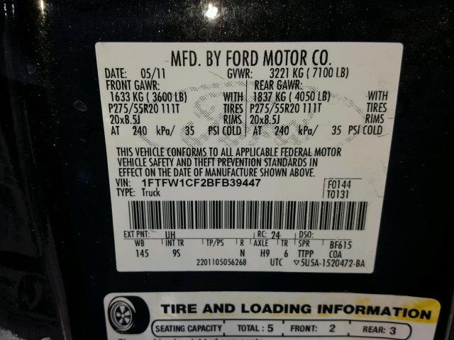 1FTFW1CF2BFB39447 - 2011 FORD F150 SUPER BLACK photo 10