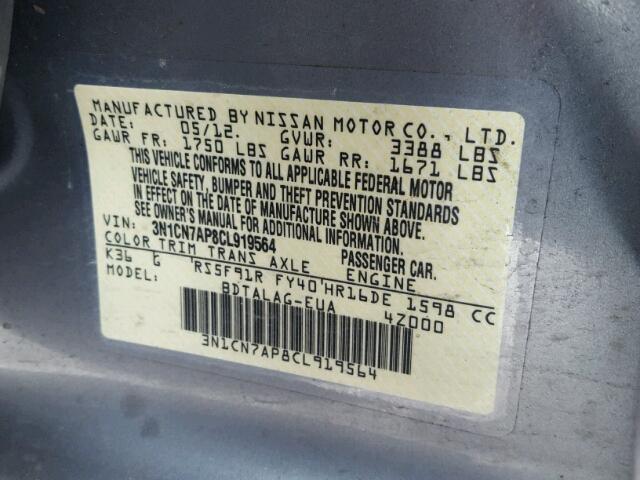 3N1CN7AP8CL919564 - 2012 NISSAN VERSA S SILVER photo 10