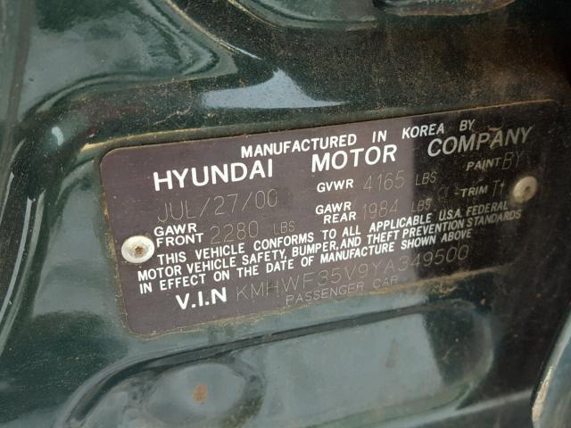 KMHWF35V9YA349500 - 2000 HYUNDAI SONATA GLS GREEN photo 10