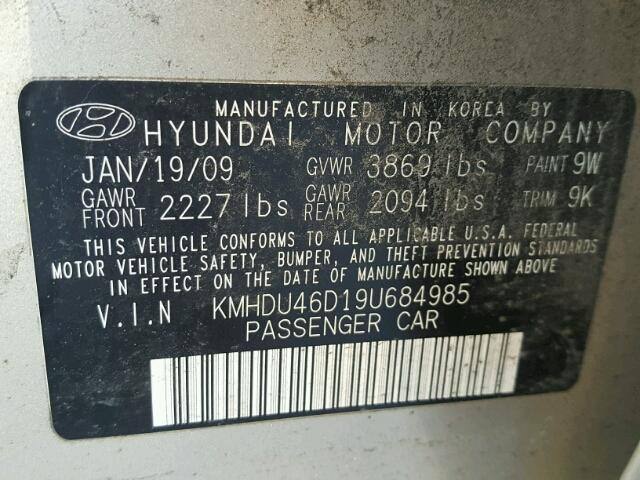 KMHDU46D19U684985 - 2009 HYUNDAI ELANTRA GL TAN photo 10