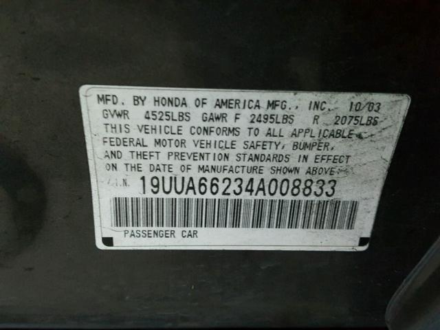 19UUA66234A008833 - 2004 ACURA TL GRAY photo 10