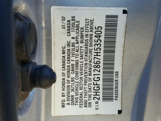 2HGFG12867H535405 - 2007 HONDA CIVIC EX SILVER photo 10