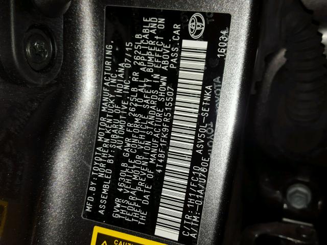 4T4BF1FK9FR515507 - 2015 TOYOTA CAMRY LE GRAY photo 10