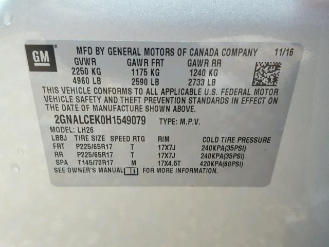 2GNALCEK0H1549079 - 2017 CHEVROLET EQUINOX LT SILVER photo 10