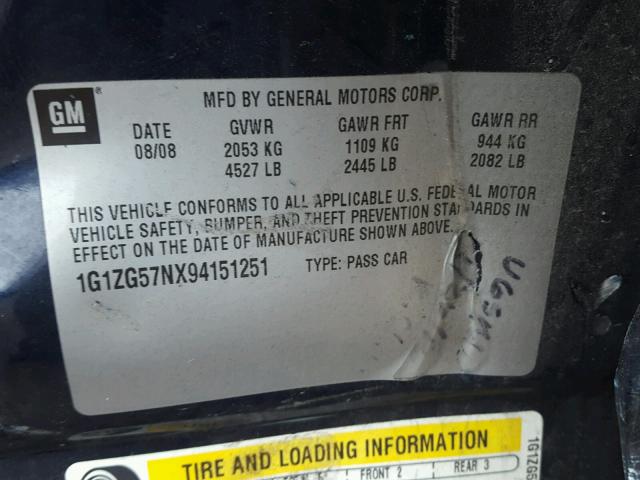 1G1ZG57NX94151251 - 2009 CHEVROLET MALIBU LS 蓝色 照片 10