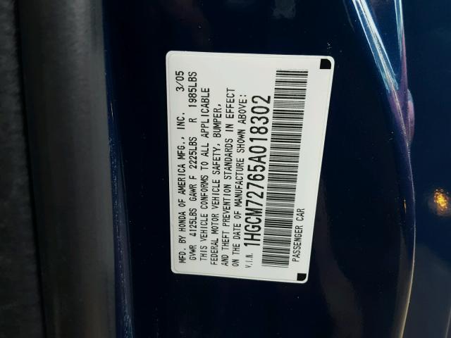 1HGCM72765A018302 - 2005 HONDA ACCORD EX BLUE photo 10