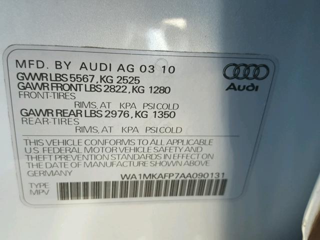 WA1MKAFP7AA090131 - 2010 AUDI Q5 PREMIUM GRAY photo 10