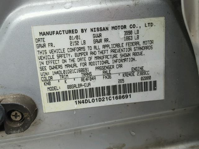 1N4DL01D21C168691 - 2001 NISSAN ALTIMA XE SILVER photo 10