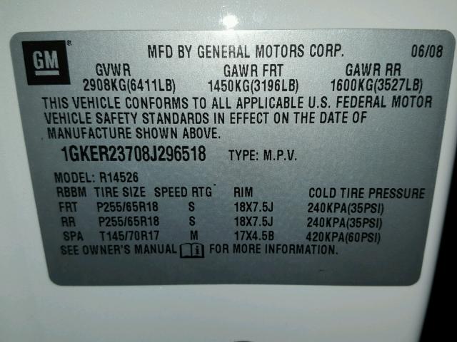 1GKER23708J296518 - 2008 GMC ACADIA SLT თეთრი ფოტო 10