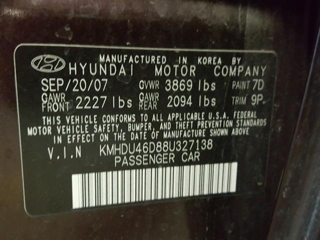 KMHDU46D88U327138 - 2008 HYUNDAI ELANTRA GL PURPLE photo 10