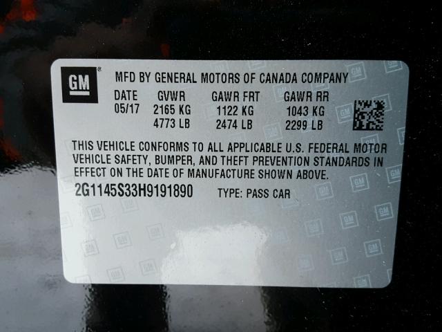 2G1145S33H9191890 - 2017 CHEVROLET IMPALA PRE BLACK photo 10