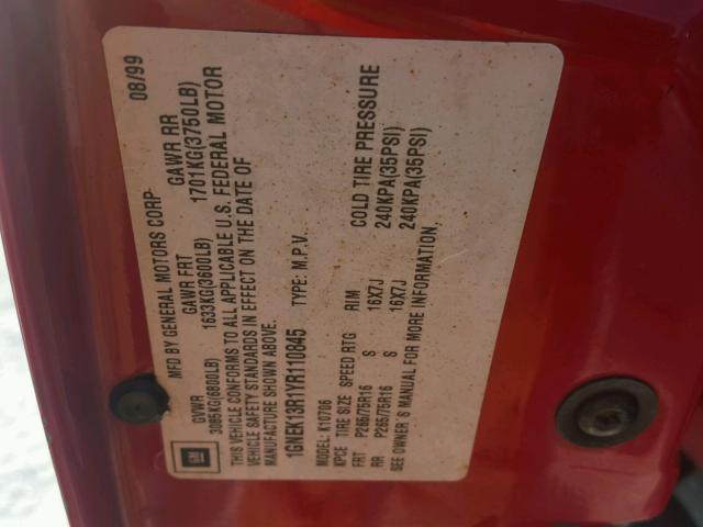 1GNEK13R1YR110845 - 2000 CHEVROLET TAHOE K150 RED photo 10